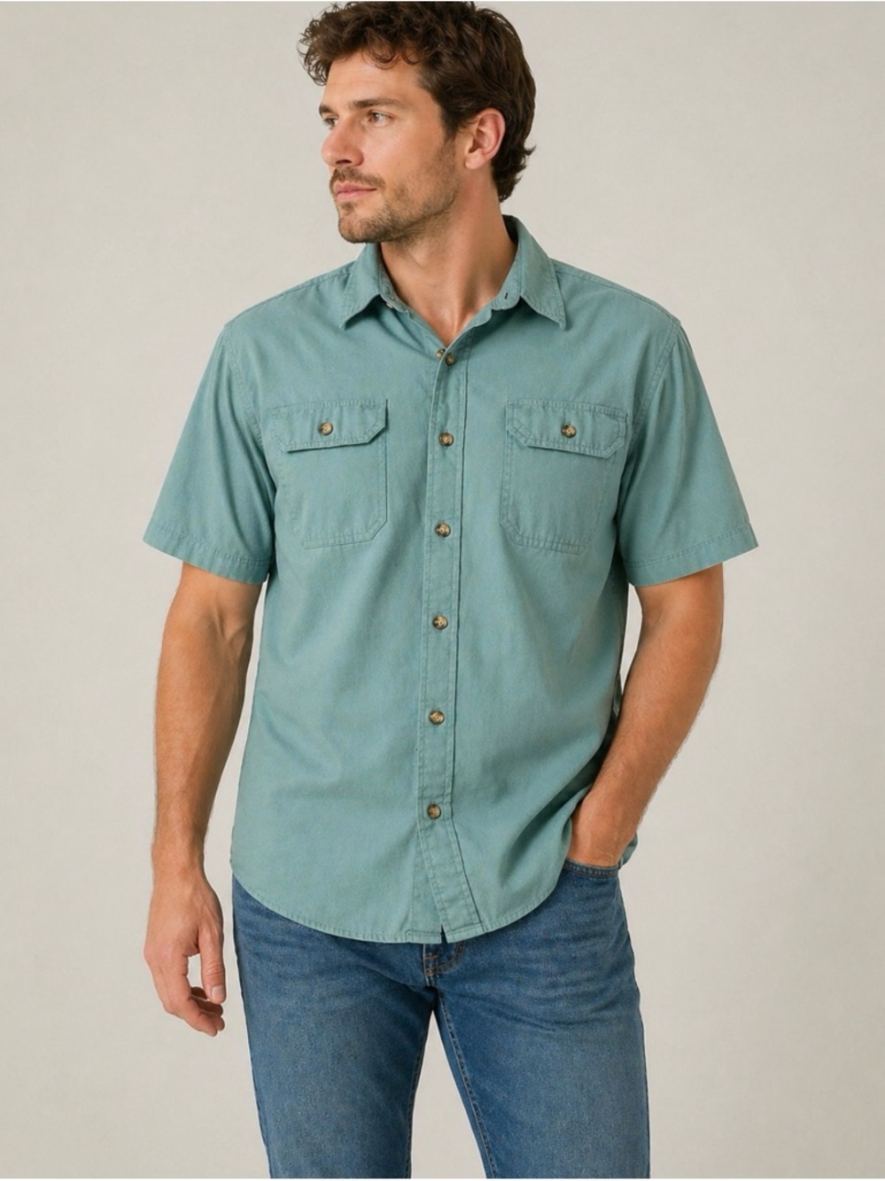 Wrangler Short-Sleeve‎ Button-Down Shirt in Teal Green
